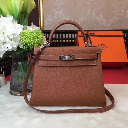 Geantă de umăr Hermes Kelly 32cm din piele de grâu TOGO KY32 argintie