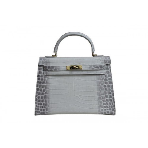 Geantă de umăr Hermes Kelly 32cm, piele albă, model croco, K32 auriu