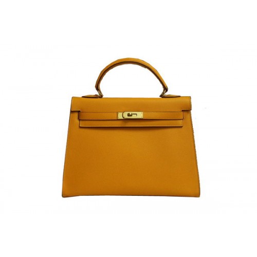 Geantă de umăr Hermes Kelly 32cm din piele Saffiano galbenă K32 aurie