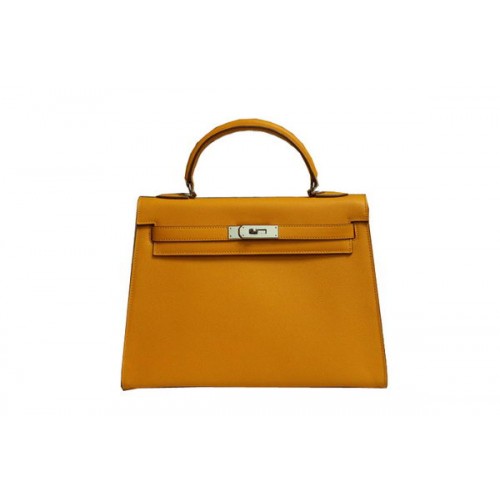 Geantă de umăr Hermes Kelly 32cm din piele Saffiano galbenă K32 argintie