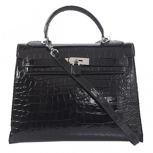 Genți de umăr Hermes Kelly 32cm Negre Iridescent Croco Piele Argintie