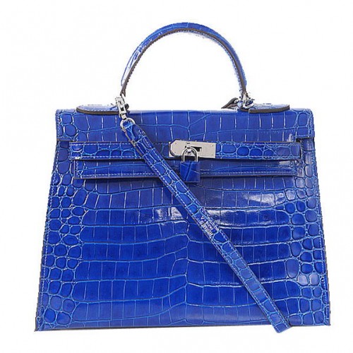Genți de umăr Hermes Kelly 32cm Albastru Iridescent Croco Piele Auriu