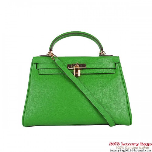 Genți de umăr Hermes Kelly 32cm, piele Clemence verde, aurii