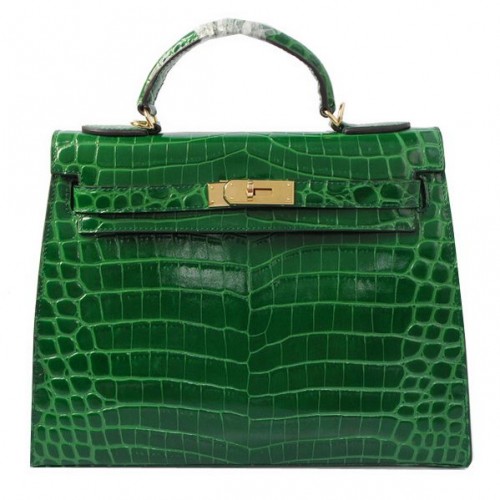Genți de umăr Hermes Kelly 32cm, verde, iridescent, din piele croco, aurii