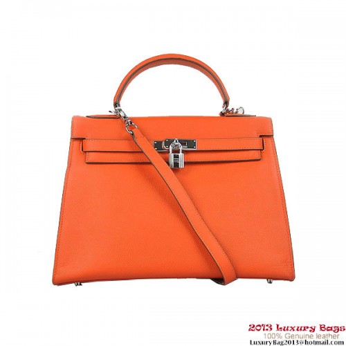 Genți de umăr Hermes Kelly 32cm H6108 portocaliu piele argintiu