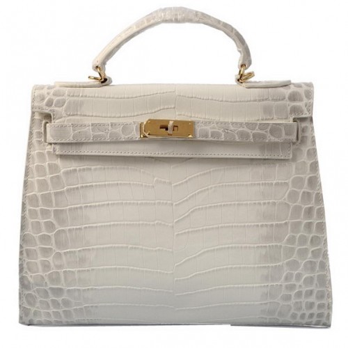 Genți de umăr Hermes Kelly 32cm OFFWhite Croco Leather Gold