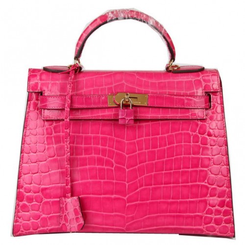 Genți de umăr Hermes Kelly 32cm, culoarea piersică iridescentă, din piele croco, aurii