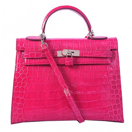 Genți de umăr Hermes Kelly 32cm, culoarea piersicului, iridescent, din piele croco, argintii