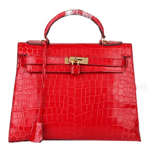 Genți de umăr Hermes Kelly 32cm, piele croco iridescentă roșie, aurie