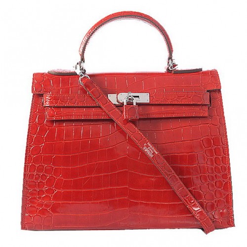 Genți de umăr Hermes Kelly 32cm, piele croco iridescentă roșie, argintii