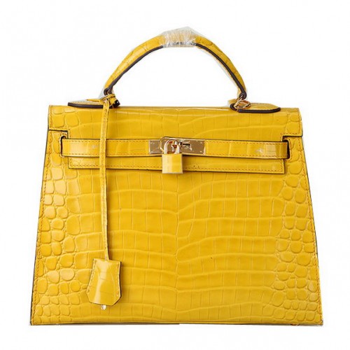 Genți de umăr Hermes Kelly 32cm, galbene, iridescente, din piele croco, aurii