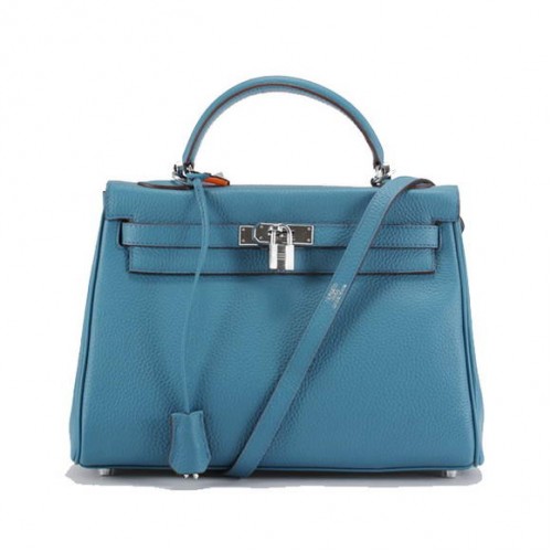 Genți de mână Hermes Kelly 32cm Togo din piele 6018 Albastru Argintiu
