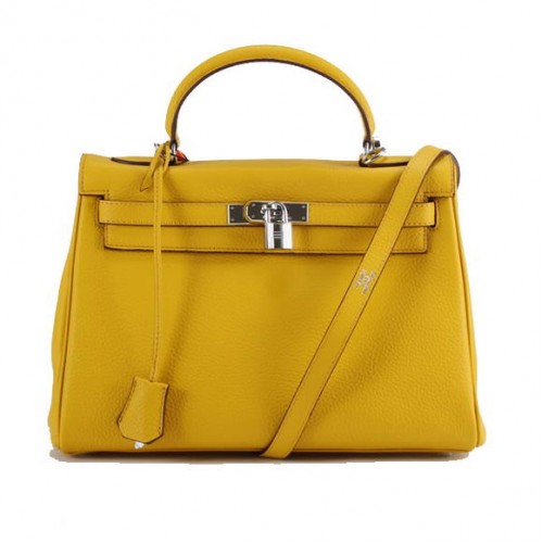 Genți de mână Hermes Kelly 32cm Togo din piele 6018 galben argintiu