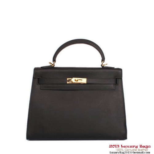 Geantă Hermes Kelly 32cm cu mâner superior, neagră, din piele Togo, aurie