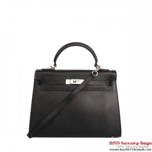 Geantă Hermes Kelly 32cm cu mâner superior, neagră, din piele Togo, argintie