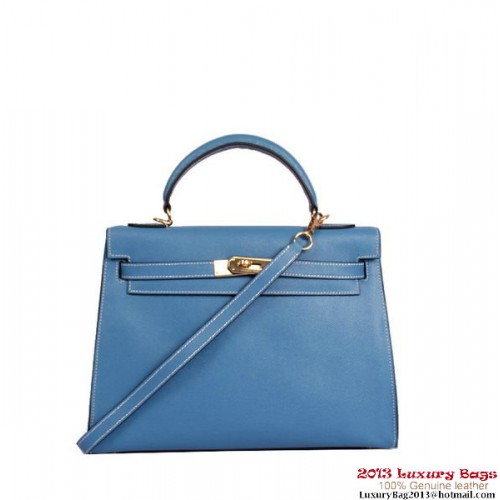 Geantă Hermes Kelly 32cm cu mâner superior, albastră, din piele Togo, aurie