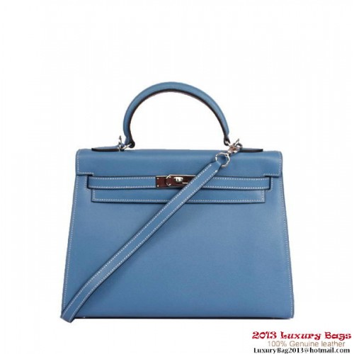 Geantă Hermes Kelly 32cm cu mâner superior, albastră, din piele Togo, argintie