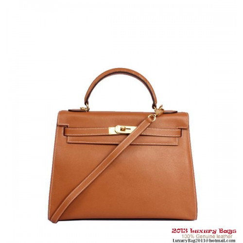 Geantă Hermes Kelly 32cm cu mâner superior, culoarea camel, din piele Togo, aurie