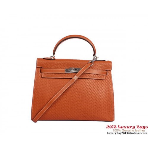 Geantă Hermes Kelly 32cm cu mâner superior, culoare camel, din piele țesută, argintie