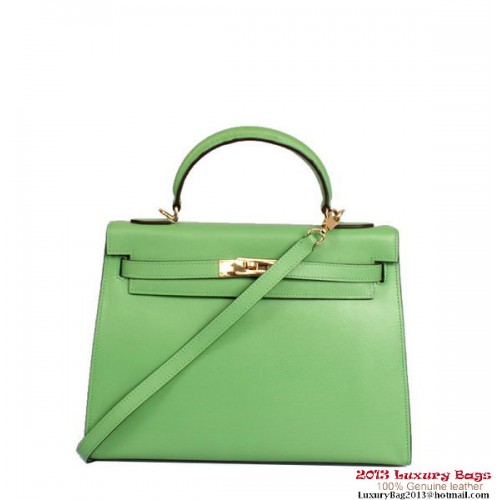 Geantă Hermes Kelly 32cm cu mâner superior, verde, piele Togo, aurie