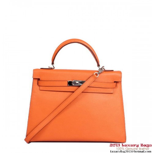 Geantă Hermes Kelly 32cm cu mâner superior, portocalie, din piele Togo, argintie