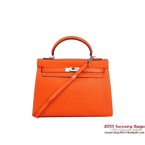 Geantă Hermes Kelly 32cm cu mâner superior, portocalie, din piele țesută, argintie