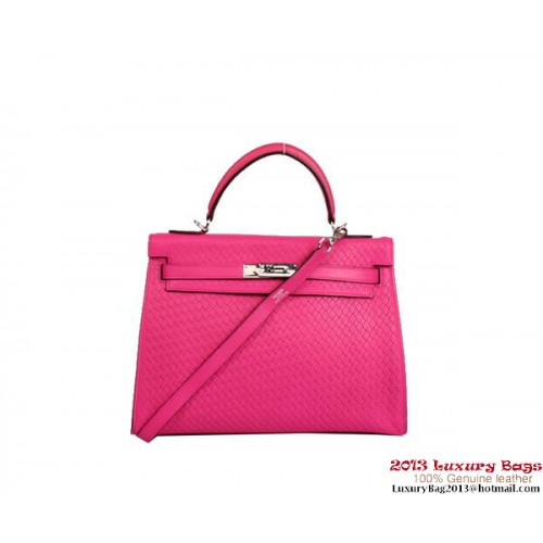 Geantă Hermes Kelly 32cm cu mâner superior Rosy din piele țesută argintie