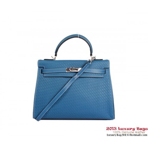 Geantă Hermes Kelly 32cm cu mâner superior, albastru regal, din piele țesută, argintie