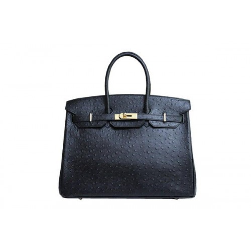 Geantă Hermes Kelly 35cm cu mâner superior, neagră, din piele de struț, aurie