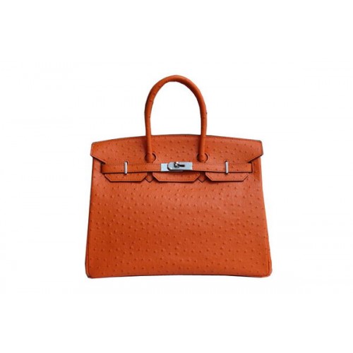 Geantă Hermes Kelly 35cm cu mâner superior, portocalie, din piele de struț, argintie