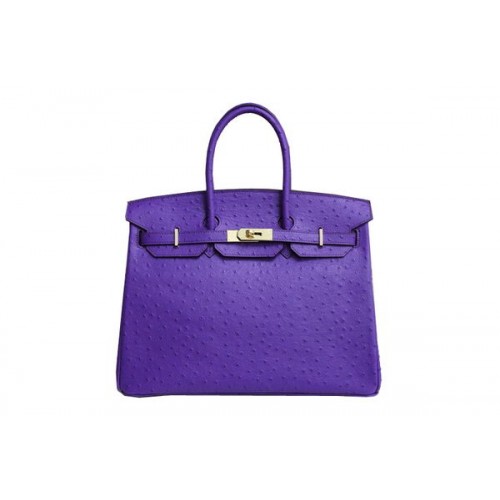 Geantă Hermes Kelly 35cm cu mâner superior, piele de struț mov, aurie