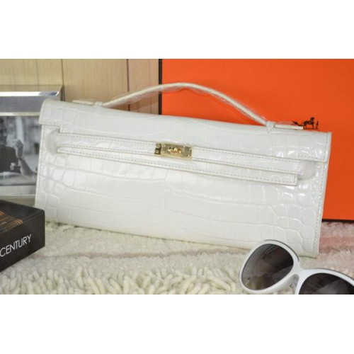 Geantă Hermes Kelly Clutch Leather Croco K31 White