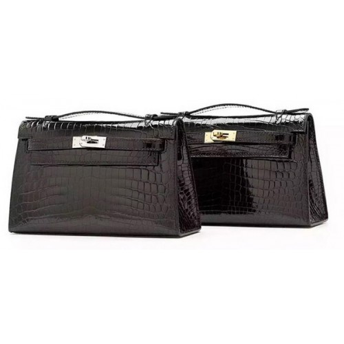 Geantă Hermes MINI Kelly 22cm din piele croco KL22 neagră