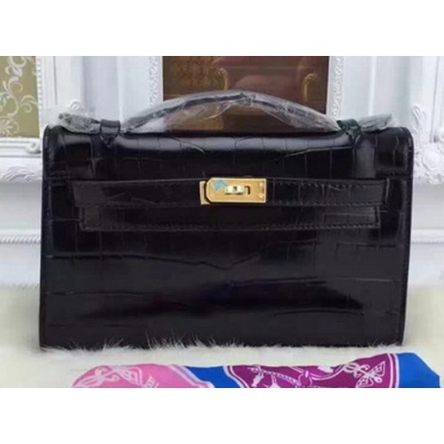 Geantă Hermes MINI Kelly 22cm din piele Croco KL22 Neagră