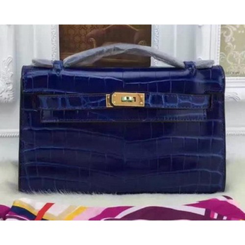 Geantă Hermes MINI Kelly 22cm din piele Croco KL22 albastră