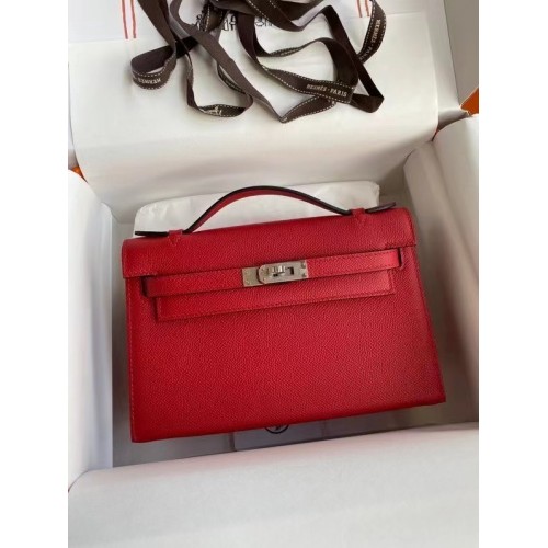 Geantă Hermes Original Epsom Leather KEL2278 roșu și metal argintiu
