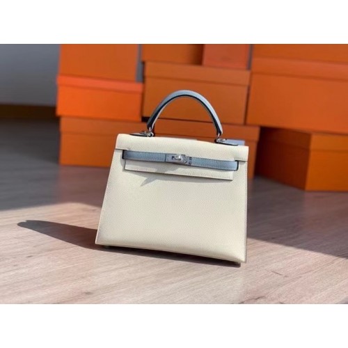 Geantă Hermes Original Epsom Leather KEL2578 crem și albastru deschis