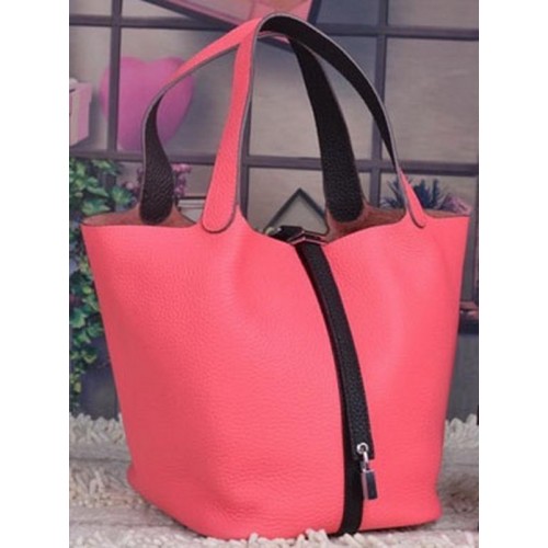 Genți Hermes Picotin Lock 22cm, piele Litchi HPL8618 roz închis