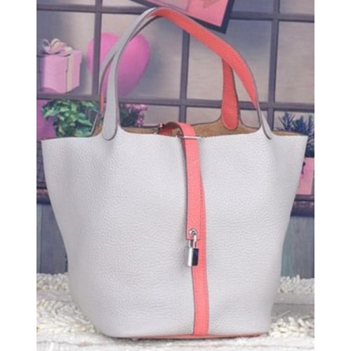 Genți Hermes Picotin Lock 22cm, piele Litchi HPL8618, alb și roz
