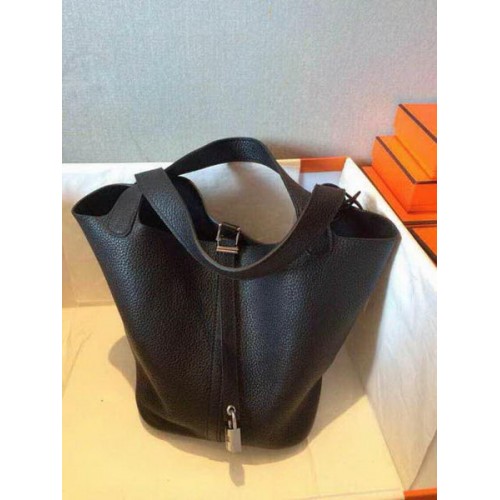 Genți Hermes Picotin Lock 22cm din piele Litchi HPT22 Negru