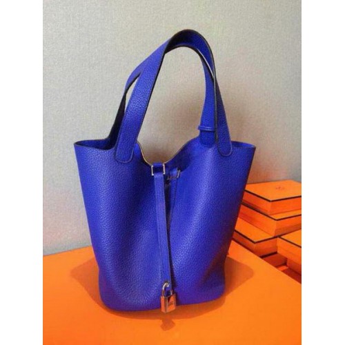 Genți Hermes Picotin Lock 22cm din piele Litchi HPT22 Albastru