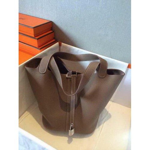 Genți Hermes Picotin Lock 22cm din piele Litchi HPT22 gri