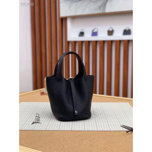 Genți Hermes Picotin Lock 22cm Piele originală Litchi HPL1048 Negru