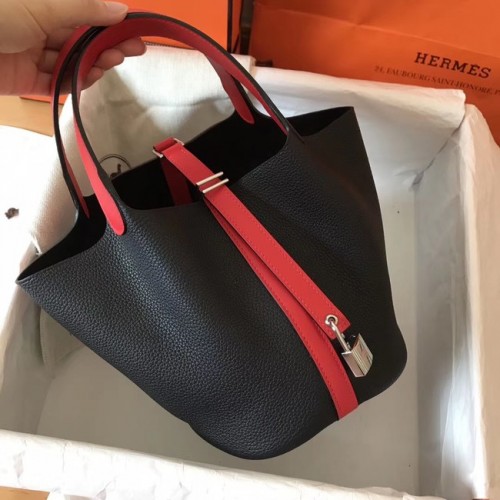 Genți Hermes Picotin Lock PM din piele originală H8688 negru și roșu