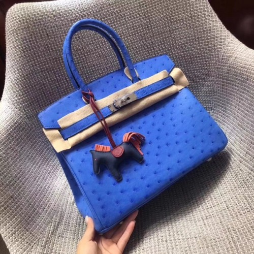 Geantă Hermes Birkin din piele de struț autentică BK35 albastră