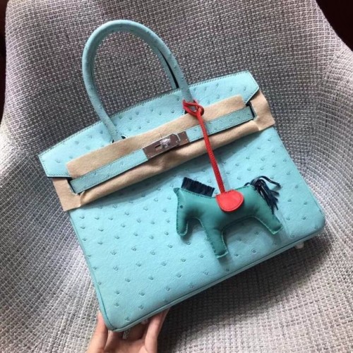 Geantă Hermes Birkin din piele de struț autentică BK35 albastru deschis