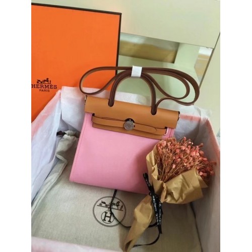 Geantă Hermes mini Herbag Original Canvas Leather Vitel Skin 45987 roz și maro