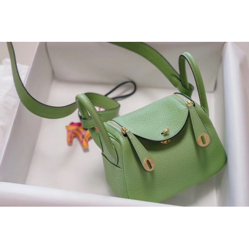 Geantă mini Hermes Lindy Togo din piele LD19 verde și auriu-Metal