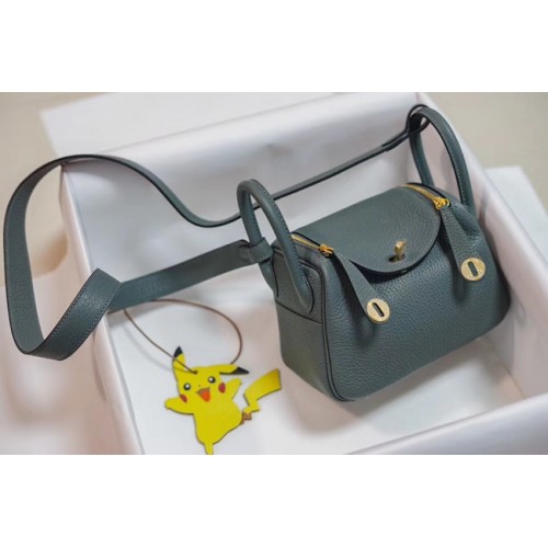 Geantă mini Hermes Lindy Togo din piele LD19 albastru deschis și auriu-Metal