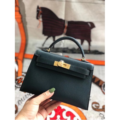 Geantă Hermes originală mini Kelly chevre mysore K19CM Verde negricios și metal auriu